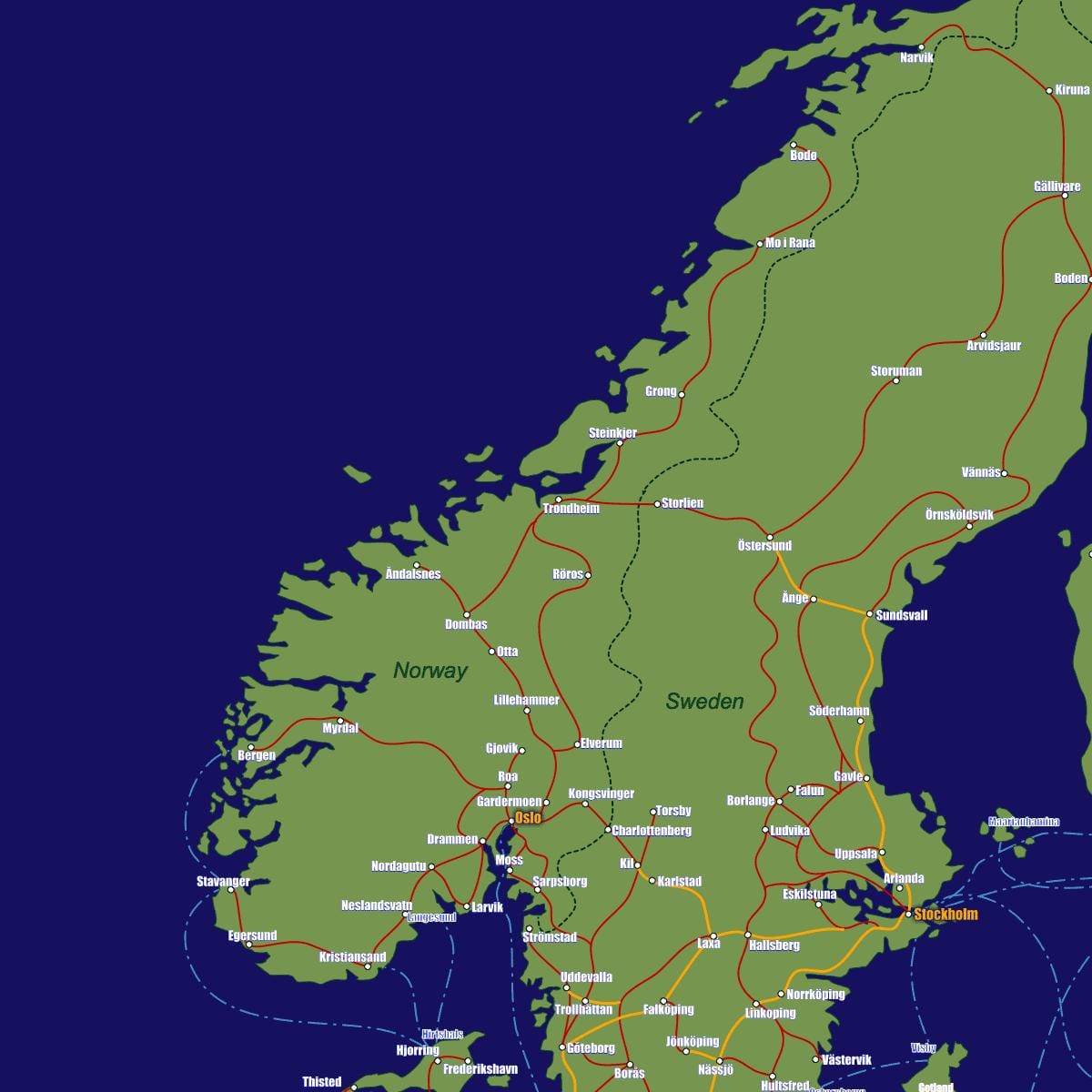 Mapa ng Norway ng mga ruta ng tren
