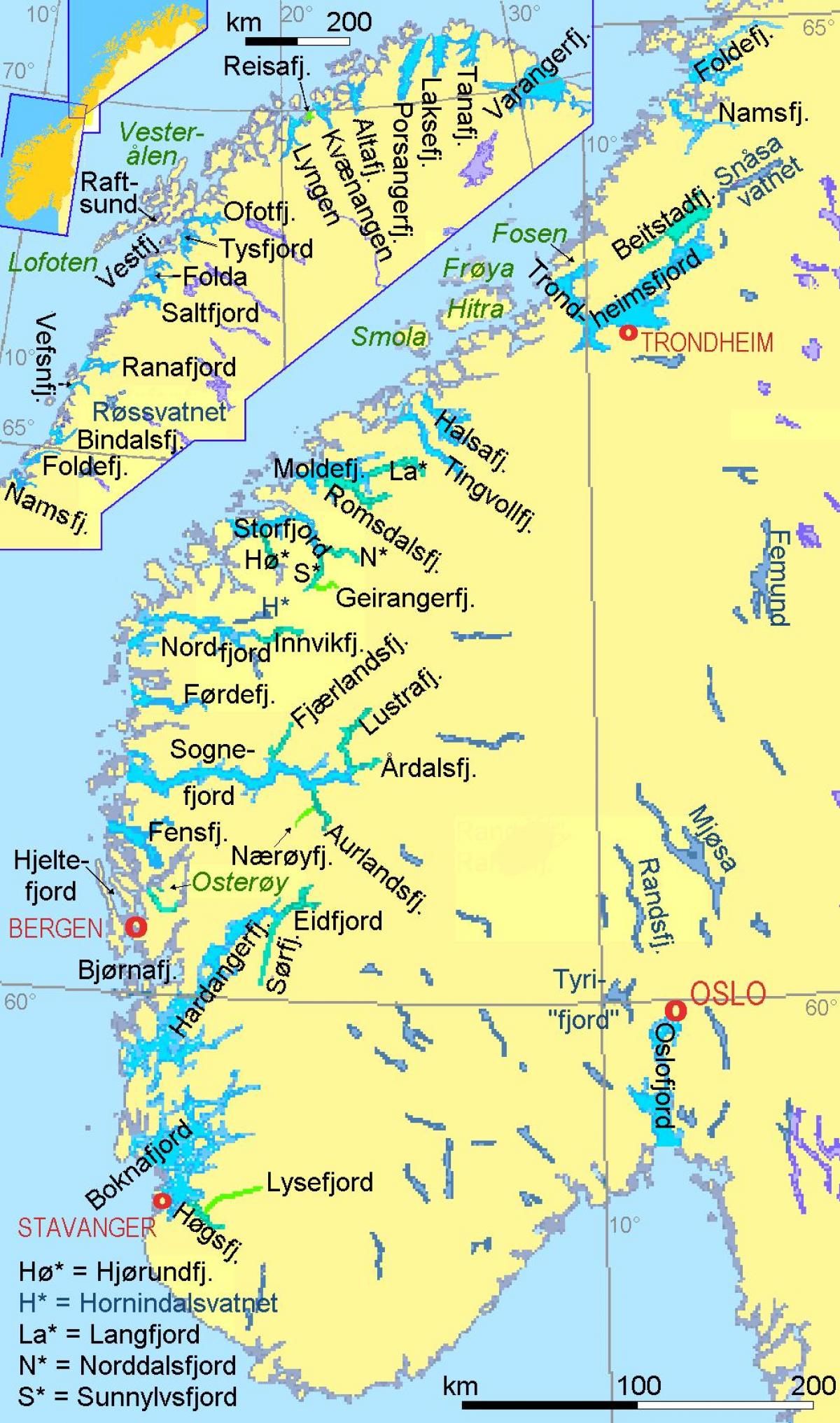 mapa ng Norway ng pagpapakita ng mga fjords