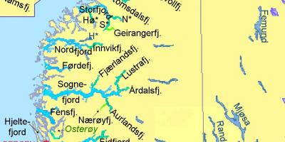 Mapa ng Norway ng pagpapakita ng mga fjords